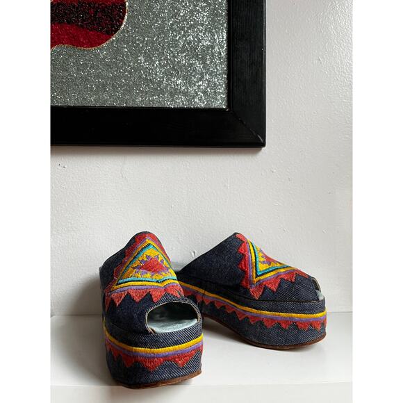 Vintage 60s Edouard Jerrold Denim Platform Mules | Embroidered Southwest | Sz 6 - Picture 6 of 10